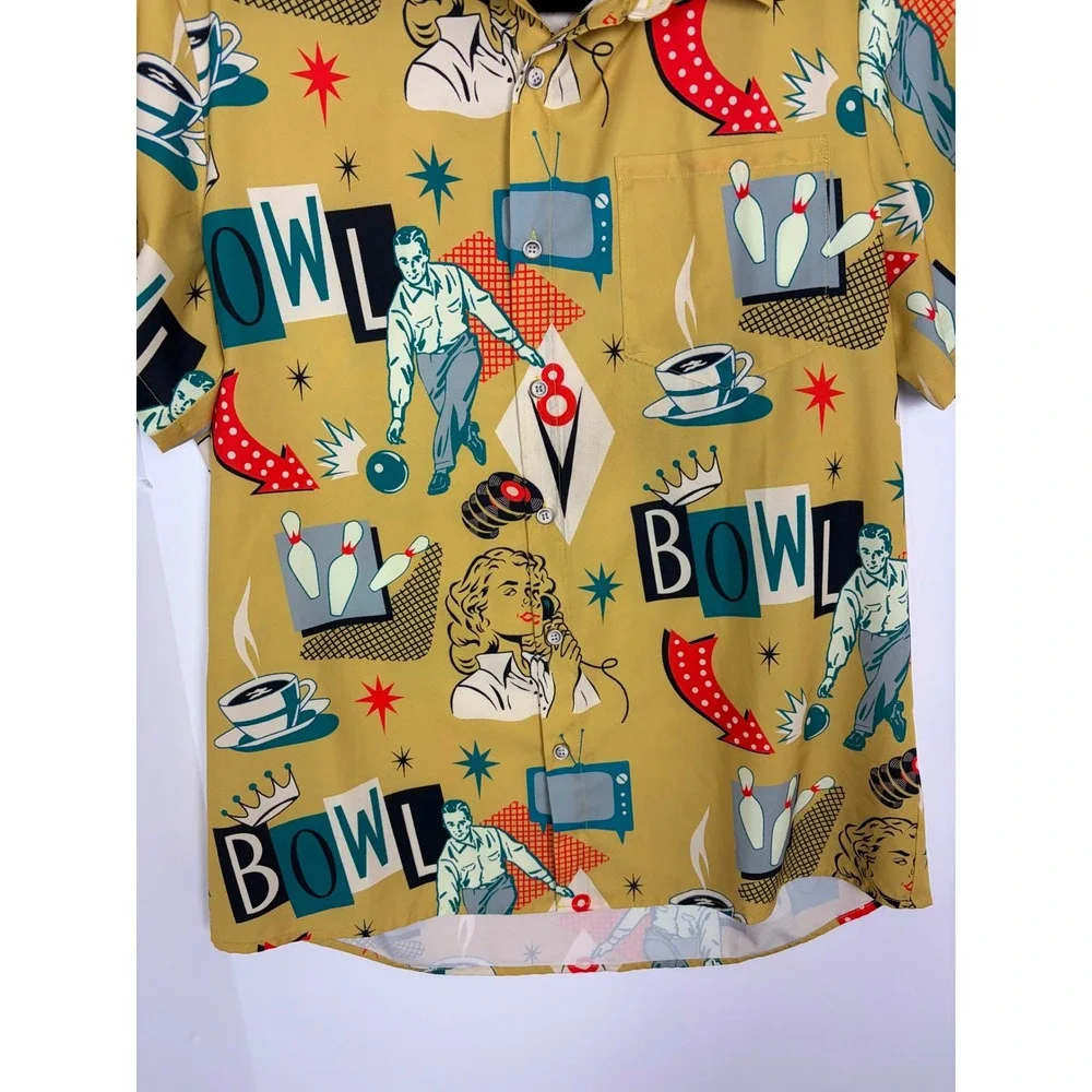 Royaura Bowling Graphic Retro Short Sleeve Button Down Shirt Size M
